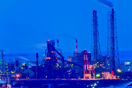 Night view of a beautiful factory in kitakyushu industrial zoneの写真素材