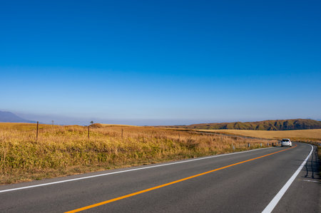 Drive of Aso Milk Road with a superb view of autumnの写真素材