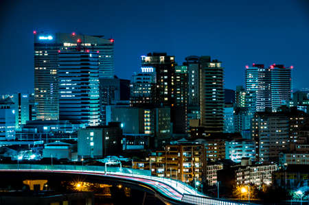 The lights and cityscape of the beautiful building street with a beautiful night view from Atago Shrine in Fukuoka City, a regional city in Japanのeditorial素材