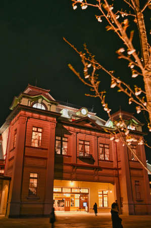 Cherry blossoms blooming at Mojiko Station at nightの写真素材