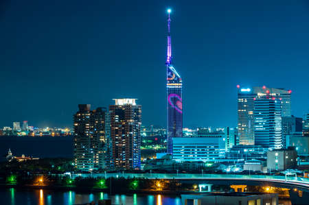 The lights and cityscape of the beautiful building street with a beautiful night view from Atago Shrine in Fukuoka City, a regional city in Japanの写真素材