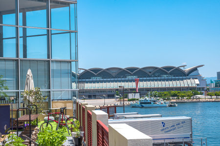June 22, 2020 Hakata Ward, Fukuoka City, Japan A view of Hakata Bayside Place Hakata, a tourist destination at Hakata Port in Hakata Bay with a refreshing summer skyのeditorial素材