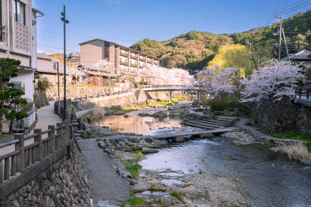 Nagato Yumoto Onsen in spring when cherry blossoms bloomの写真素材