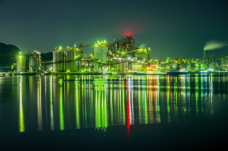 Night view of a beautiful factory in kitakyushu industrial zoneの写真素材