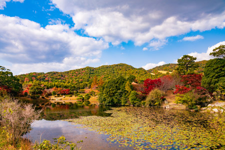 Autumn sunny Japanese garden of the former Choshu Domain lord Mohri family in Hofu City, Yamaguchi...