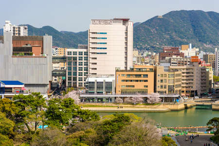 Ogura Castle in spring and cherry blossoms in Katsuyama Parkのeditorial素材