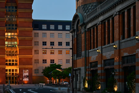 Beautiful night view of old buildings in Monji Port Retro Districtの写真素材
