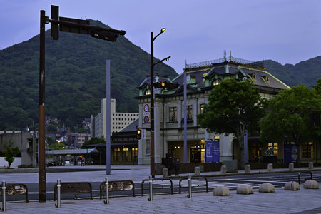 Beautiful night view of the famous tourist attraction Mojiport Retro district of Kitakyushu Cityの写真素材