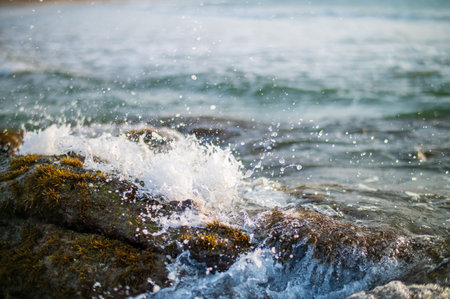 Splashes of water on the rocks in the sea. Splashes of water.