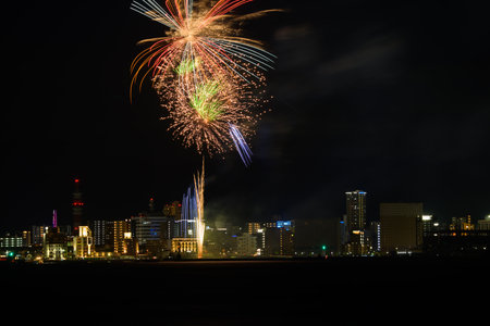 July 2023 Japanese summer festival beautiful fireworksの写真素材