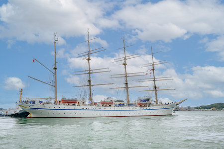 August 31, 2023, Japan, Fukuoka Prefecture, Kitakyushu City, Nippon Maru anchored on the west coast of Moji Port with blue skies and summer cloudsのeditorial素材
