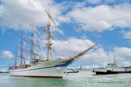 August 31, 2023, Japan, Fukuoka Prefecture, Kitakyushu City, Nippon Maru anchored on the west coast of Moji Port with blue skies and summer cloudsのeditorial素材