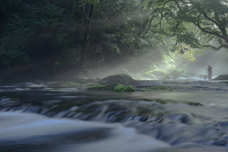 Spectacular summer scenery - fantastic rays of light at Kikuchi Valley, Japan, Kumamoto Prefectureの写真素材