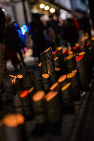 It is a winter light festival that was held on February 17, 2024 in Yamaga City, Kumamoto Prefecture, Japan, where Japanese umbrellas and bamboo lanterns were lit up at night.の写真素材