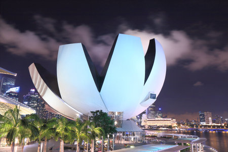 Singapore, Singapore - 28 May, 2014  Contemporary architecture, ArtScience Museum in Marina Bay Singapore by night  のeditorial素材
