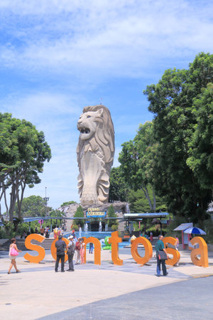Singapore, Singapore - 28 May, 2014  Tourists take photos of giant Merlion in Sentosa Island Singapore  のeditorial素材