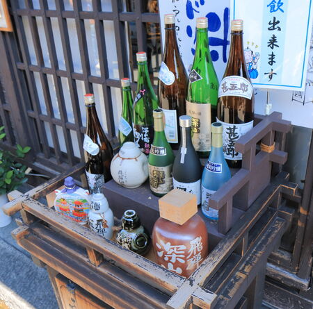 Takayama Japan - September 23, 2014:Japanese Sake bottles displayed in Takayama Japanのeditorial素材