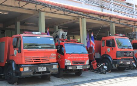 Bangkok Thailand - April 21, 2015: Fire engine parked at a fire station in Bangkok.のeditorial素材