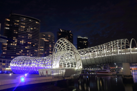 Melbourne Australia - September 12, 2015: Contemporary architecture Webb Bridge light up in Docklands Melbourne.のeditorial素材