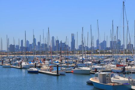 Melbourne cityscape over St Kilda harbor Australiaのeditorial素材