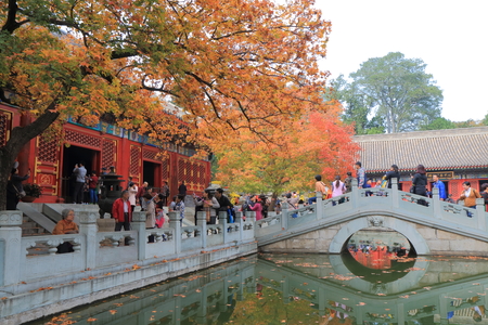 Beijing China - October 25, 2016: Unidentified people visit Xiangshan park autumn leaves festival. Xiangshan is famous for its national park and autumn leaves festival.のeditorial素材