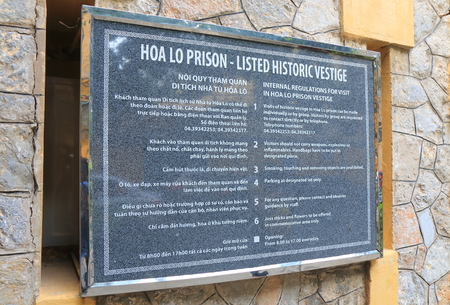 Hanoi Vietnam - Novrember 22, 2016: Hoa Lo Prison information board. Hoa Lo Prison was a prison used by the French colonists in Vietnam for political prisoners.のeditorial素材