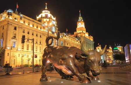 Shanghai China - October 30, 2016: Shanghai Bund cityscape with iconic bull statue in Shanghai Chinaのeditorial素材