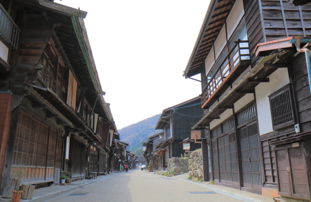 Naraijyuku historical house street in Kiso Nagano Japan. Naraijyuku is famous for preserved traditional houses and accommodation.の写真素材