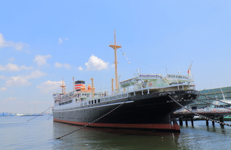 Yokohama Japan - May 28, 2017: Historical Hikawamaru ship in Yokohama Japan. Hikawamaru was launched in1929 and made her maiden voyage from Kobe to Seattle in 1930のeditorial素材