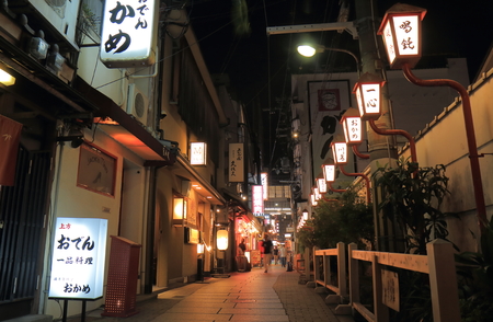 Osaka Japan - October 9, 2017: People visit traditional restaurants in back street in Osaka downtown Japan.のeditorial素材