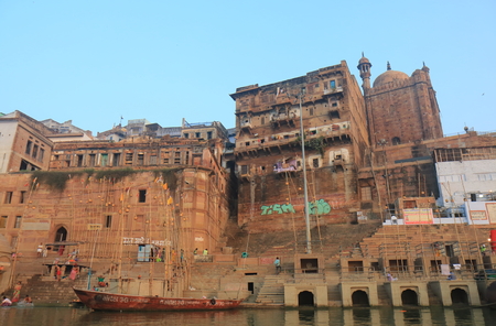 Varanasi India - October 31, 2017: People visit Ganges river Panchganga ghat in Varanasi India.のeditorial素材