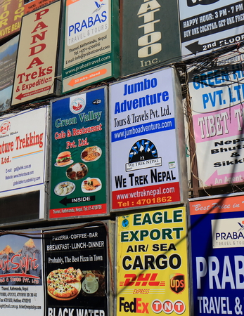 Kathmandu Nepal - November 11, 2017: Tourism advertisement in Thamel Chowk Kathmandu Nepal.のeditorial素材