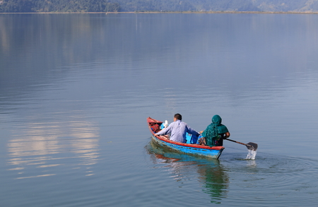 Pokhara Nepal - November 7, 2017: People sail in Fhewa lake Pokhara Nepal.のeditorial素材