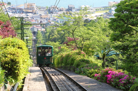 Kyoto Japan - May 04, 2018: People take cable car to Amanohashidate Kasamatsu park Kyoto Japan. Amanohashidate is one of Japan's best three scenic views.のeditorial素材