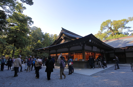 ISE Japan - November 10, 2018: Unidentified people visit Ise jingu Gaiku at the shrine Tuchinomiya god of soil at the shrine in Ise city Japanのeditorial素材