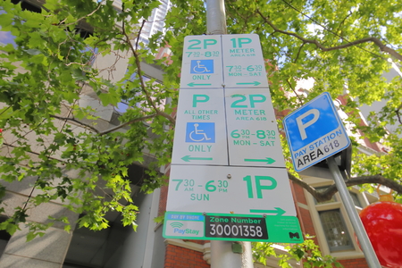 Melbourne Australia - December 4, 2018: Street car parking sign in Melbourne Australiaのeditorial素材