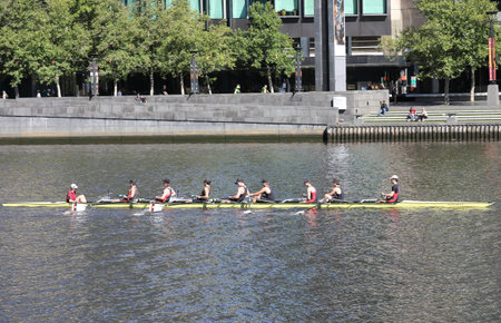 Melbourne Australia - December 4, 2018: Unidentified people train for canoeing in Yarra river...