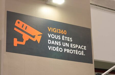 Paris France - May 21, 2019: Security video video warning sign Paris Franceのeditorial素材