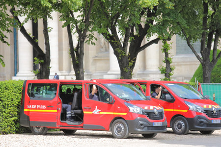 Paris France - May 22, 2019: Sapeurs Pompiers de Paris department fire vehicle in Paris France