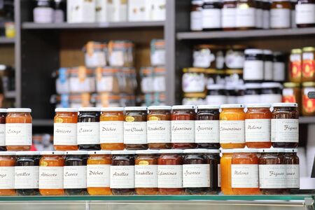 Paris France - May 23, 2019: Jam shop display at Marche des Enfants Rouges market Paris Franceのeditorial素材