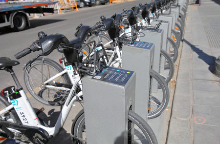 Madrid Spain - May 27, 2019: Bic Mad Bicycle share bike parking in Madrid Spainのeditorial素材