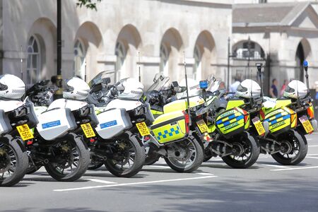 London England - June 1, 2019: Police motorbike parked in downtown London UK.のeditorial素材