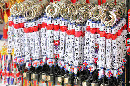 London England - June 1, 2019: Souvenir shop display key rings in downtown London UK