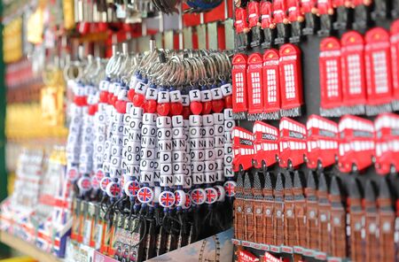 London England - June 1, 2019: Souvenir shop display key rings in downtown London UKのeditorial素材