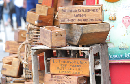 London England - June 4, 2019: Portobello Road market antique display London UK