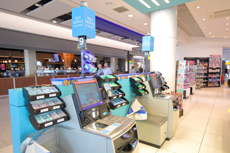 London England - June 6, 2019: Self check out at WH Smith Heathrow airport London UK