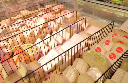 Rome Italy - June 14, 2019: Cheese display at InCoop supermarket Romeのeditorial素材