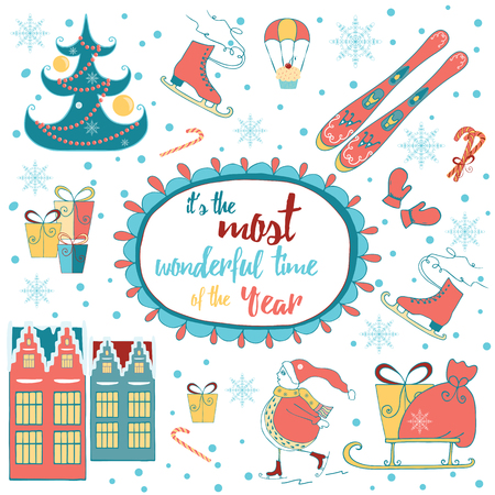 Christmas greeting card template, vector Merry Christmas. Winter holiday design, frame wreath design made of childish doodles: Snowman, houses, gifts, winter tree, mittens, ski, skate.のイラスト素材