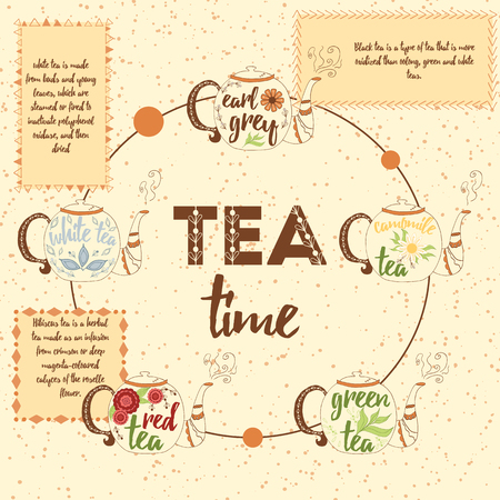 Tea infographics. Set of different kind of tea - chamomile, red, white, black and green tea.  Hand drawn kettle in brown colors. Infographic hand drawn elements and simple symbols for diagram design.のイラスト素材
