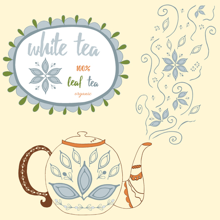 Hand drawn teapot with  white tea. Cute steam with tea leaves and flowers. Herbal tea hand lettering and doodles elements illustration. Motivational poster. Menu design with text and round frameのイラスト素材
